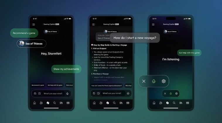 alt="Três telas de celular lado a lado mostrando o aplicativo Xbox com a inteligência artificial Gaming Copilot respondendo a comandos e perguntas em balões de texto."