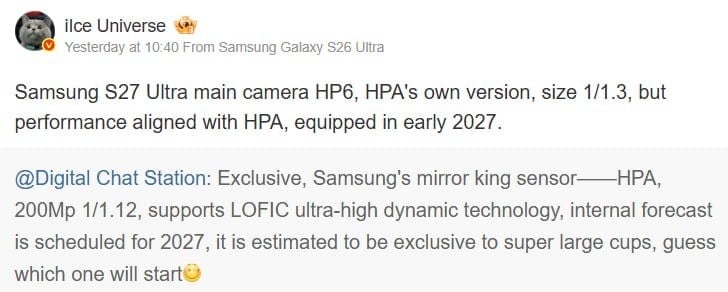 alt="Captura de tela exibindo publicações originais dos informantes Ice Universe e Digital Chat Station com vazamentos detalhando o novo sensor de câmera HP6 de 200MP do futuro Samsung Galaxy S27 Ultra."