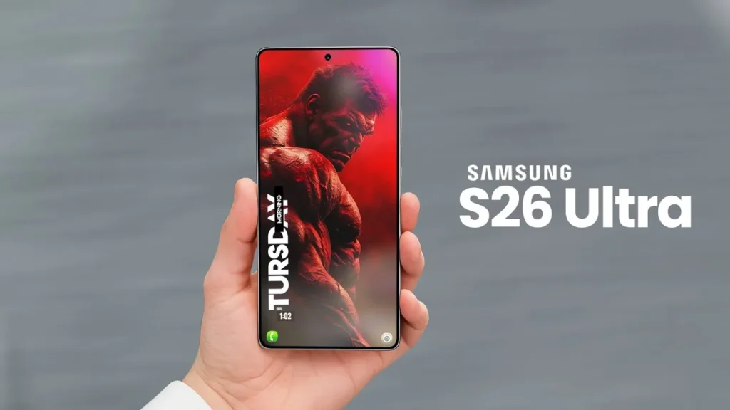 alt="Mão segurando o novo Samsung Galaxy S26 Ultra de frente, destacando o aproveitamento de tela com bordas extremamente finas e um papel de parede vermelho."